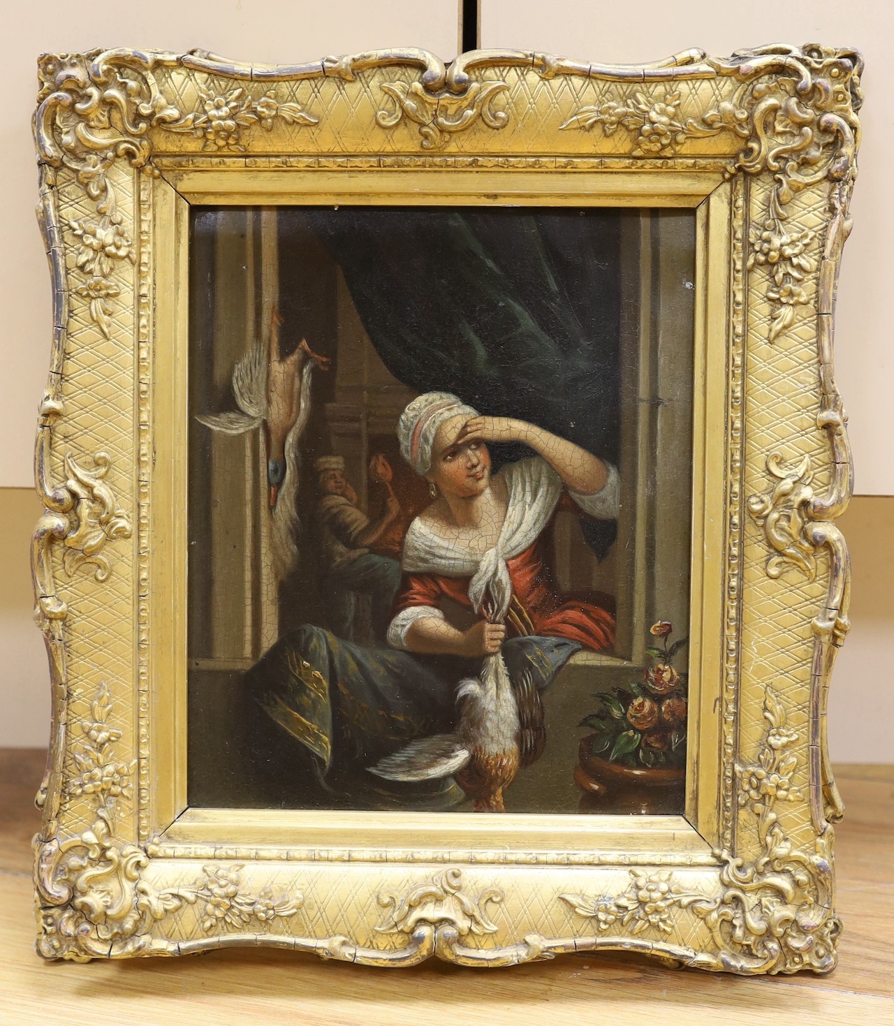 19th century German School, oil on zinc, Woman holding game at a window, 20 x 16cm